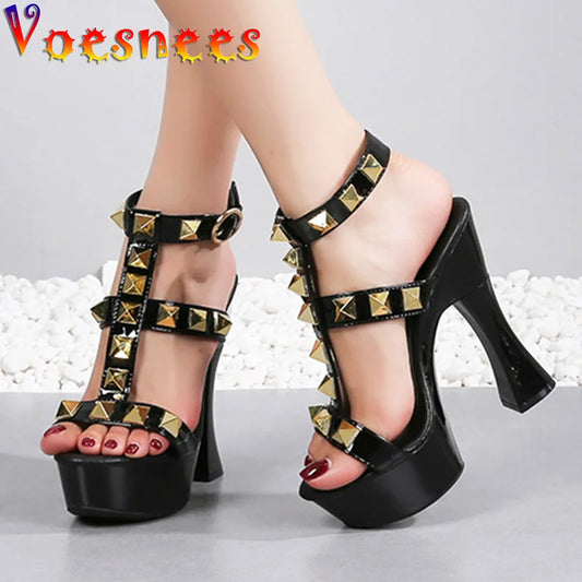 New Rivet Designer High Heels 2025 Fashion Thick Platform Club Women Pumps Sexy Summer Models Sandals White Black Red Woman Shoe