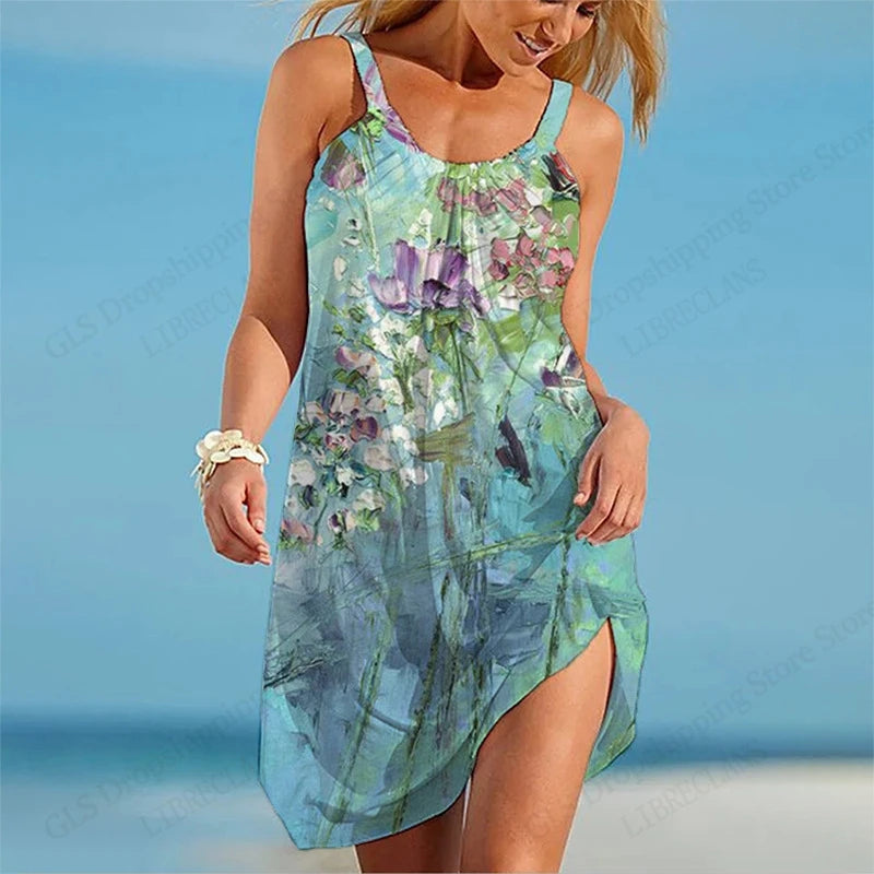 Abito da donna con cinturino da spiaggia elegante estivo senza maniche sexy bohémien con stampa floreale abito da sera per feste vestito estivo stile vintage