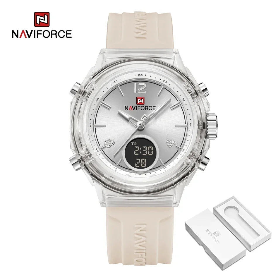 NAVIFORCE Orologio da donna di lusso Orologio sportivo all'aria aperta in oro Orologi impermeabili Doppio display dell'ora Orologi da polso al quarzo Orologio digitale in gomma