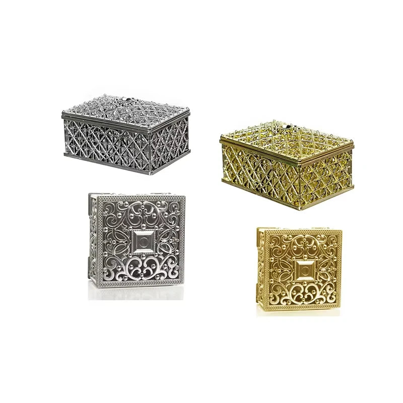 2 mini scatole portaoggetti per gioielli, colore argento, con motivo floreale intagliato, per collane, orecchini, anelli K-