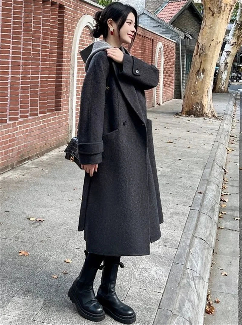 Giacca Invernale da Donna a Maniche Lunghe in Lana, Cappotto Casual di Alta Qualità per l'Autunno, Moda Coreana Femminile, Cappotto in Lana con Cappuccio e Vestibilità Comoda