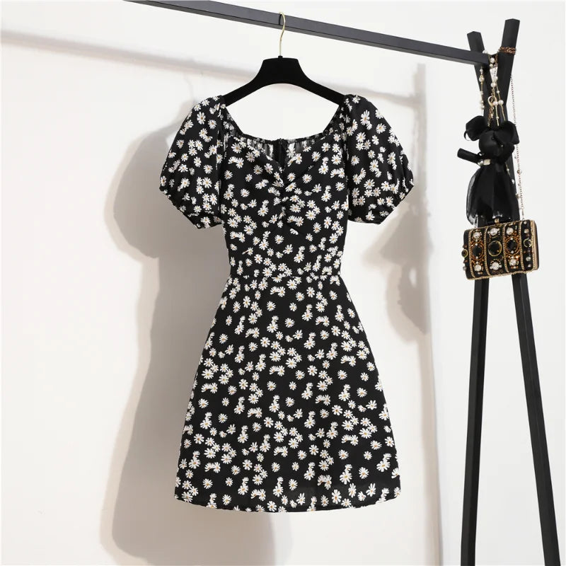 Mini abiti da donna Moda estiva Abiti femminili Stampa Abiti in chiffon floreale Abito casual con maniche corte a pieghe arricciate