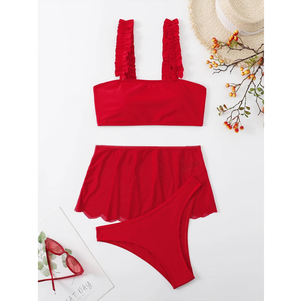 Costume da bagno rosso 2026 da donna, sexy, a vita alta, con gonna, bikini a tre pezzi, con volant, fascia per il petto, per l'estate e la spiaggia