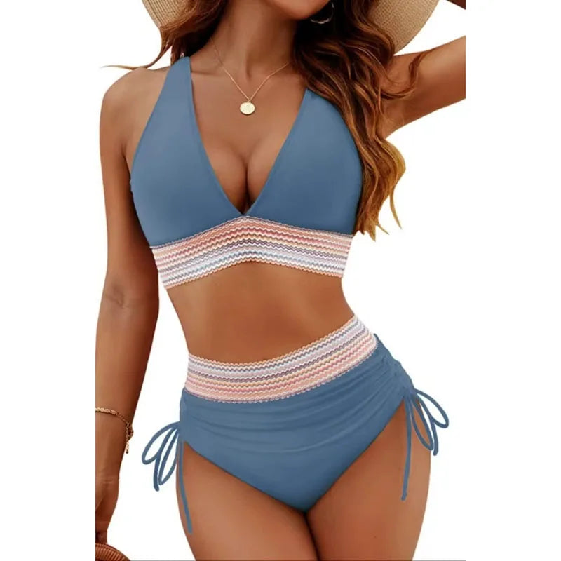 Ensemble de bikini sexy à col en V profond pour femme 2026, plage d'été avec coussin de poitrine, maillot de bain taille haute, bikini triangle à cordon de serrage