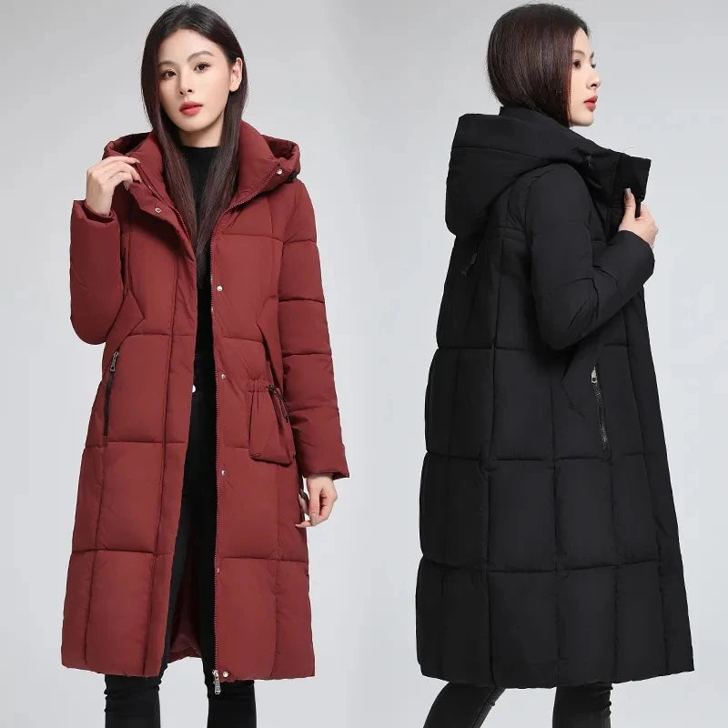 Caldo piumino in cotone da donna Inverno 2025 Nuova versione coreana Cappotto lungo con cappuccio allentato Cappotto Parka spesso antivento femminile