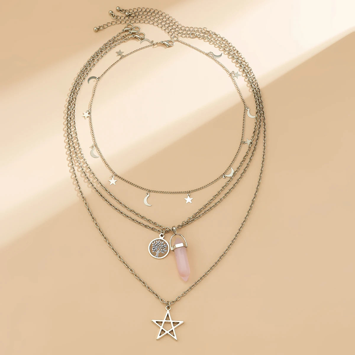 4 pezzi etnico rosa cristallo stella pentagramma ciondolo collana girocollo per le donne elegante luna nappa catena accessori gioielli per feste