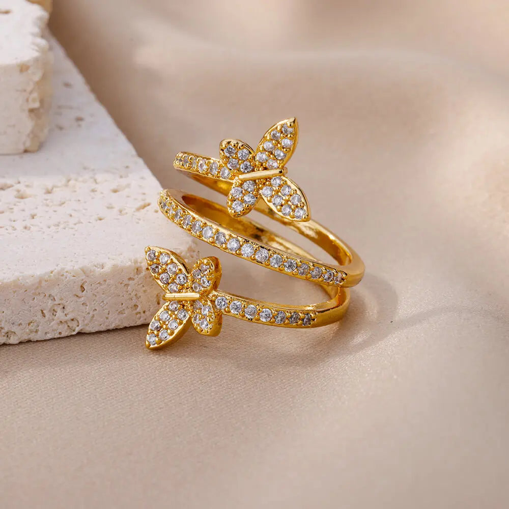 Anelli a doppia farfalla con zirconi per donna Anello multistrato aperto color oro in acciaio inossidabile Gioielli per festa di nozze di moda 2024 Nuovo