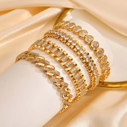 Bracciale a catena con graffetta Cinturino per orologio con zirconi placcati in oro 14 carati Collegamento grosso Gioielli impilabili regolabili per regalo per ragazza da donna