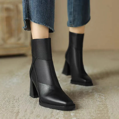 Woman Chunky Ankle Boots Women Zipper Retro Brown Soft Leather Short Boot Autumn New Square Toe Casual High Heel Booties Mujer