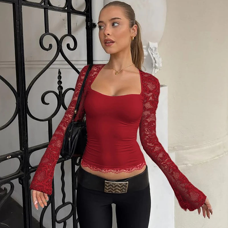 Hugcitar T-shirt corta sexy a maniche lunghe in pizzo patchwork con colletto quadrato moda donna Top velato per le vacanze estive Night Club
