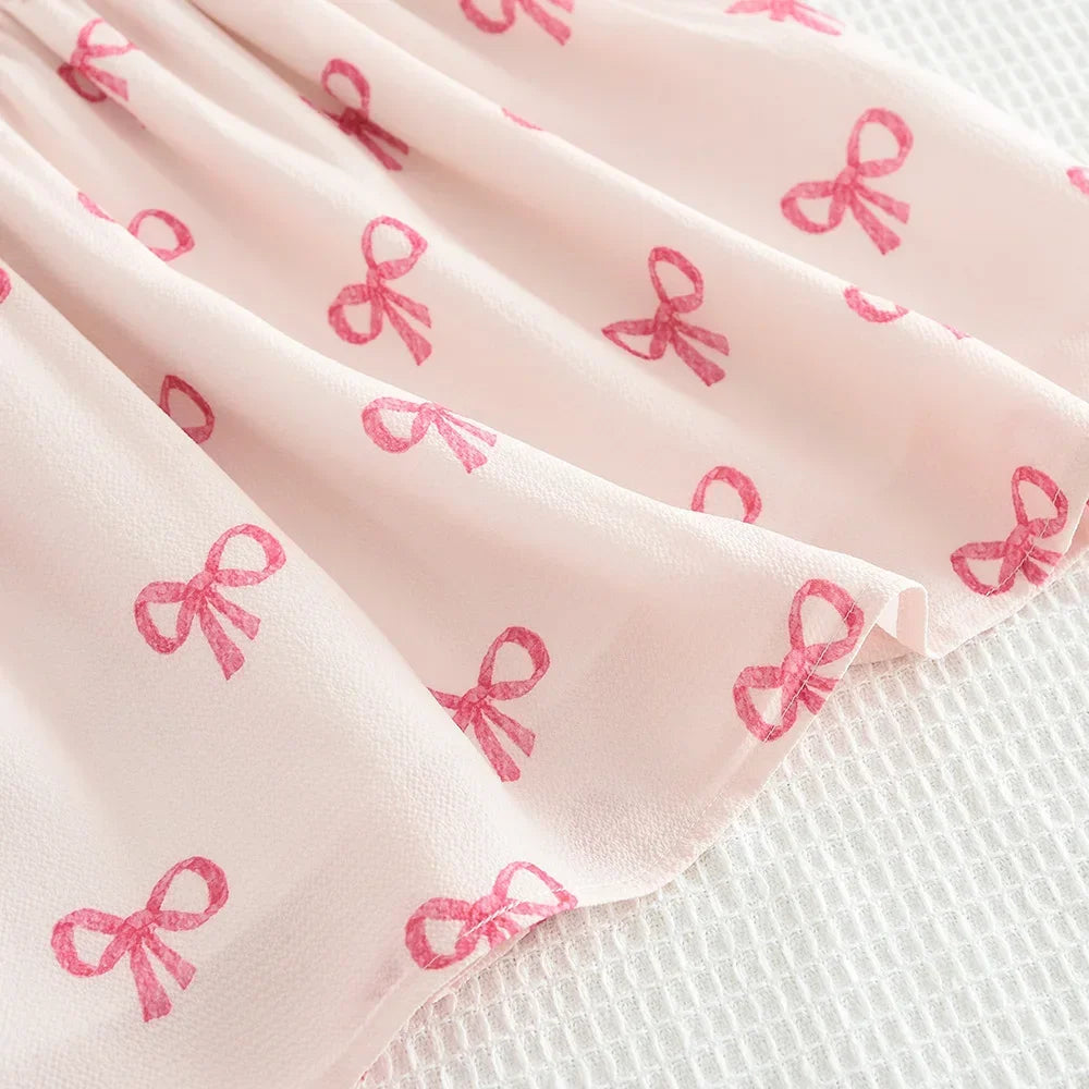 Bear Leader Abiti casual estivi per ragazze a maniche corte Stampa fiocco rosa Collo quadrato Dolce abito da principessa Abbigliamento semplice quotidiano per bambini