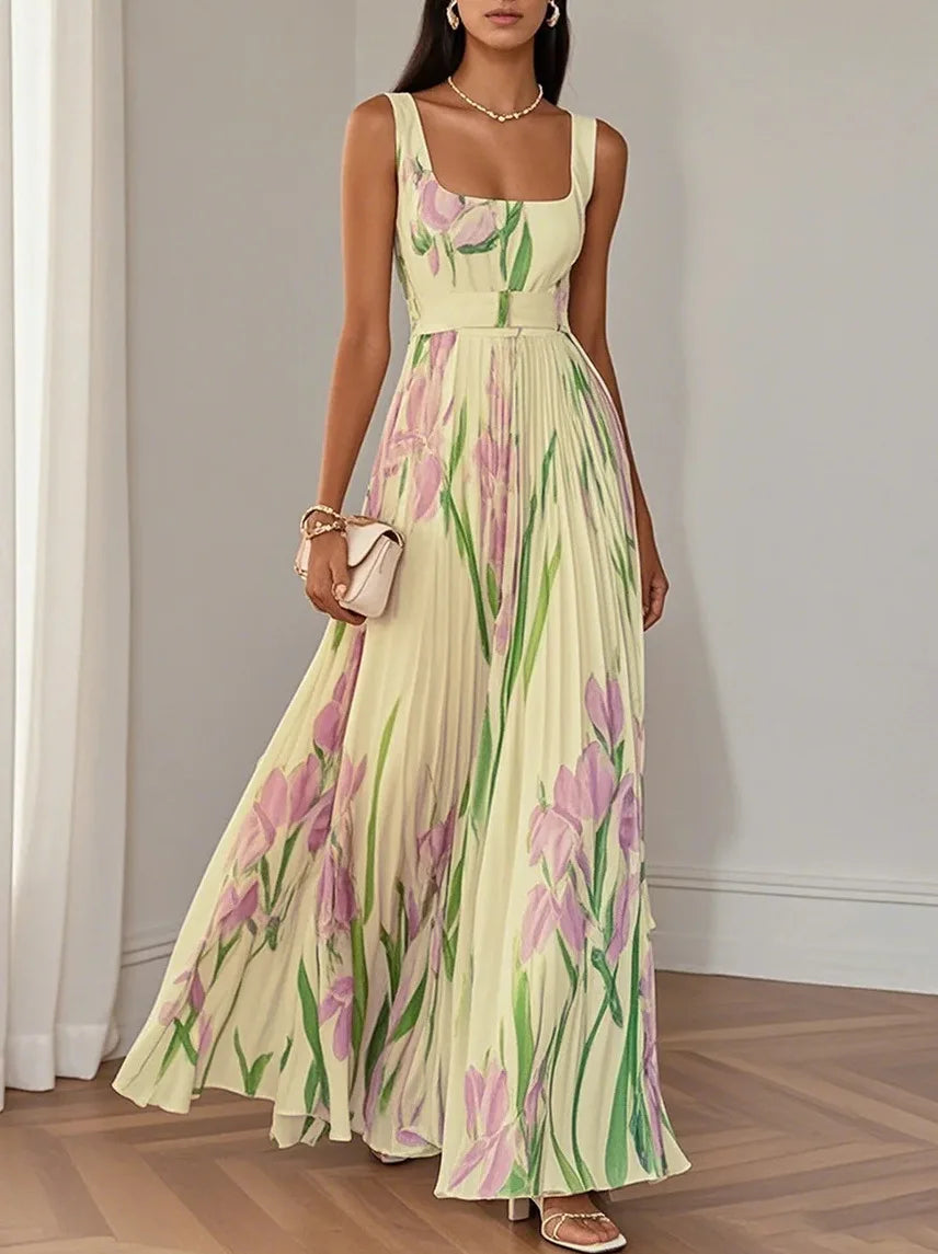 Abito lungo sexy con stampa floreale Donna Estate 2025 Abiti maxi con cinturino senza maniche alla moda eleganti