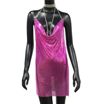 AKYZO Mini abito patchwork con paillettes dorate sexy Donna senza maniche Taglio basso Catene di metallo Halter Slim Abiti da festa da discoteca affascinanti