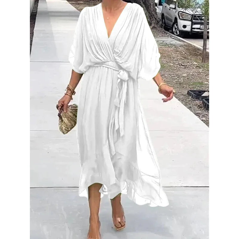 Abiti da festa eleganti in chiffon solido per le donne Sexy scollo a V maniche a pipistrello Lace Up Ruffles Abito lungo irregolare Abito casual Femme