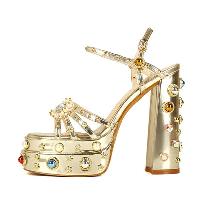 Neue Damen Sommer Plateau Sandalen wasserdicht dicker Boden Wasser Diamant Perle Niete Blume Satin offene Spitze High Heels groß
