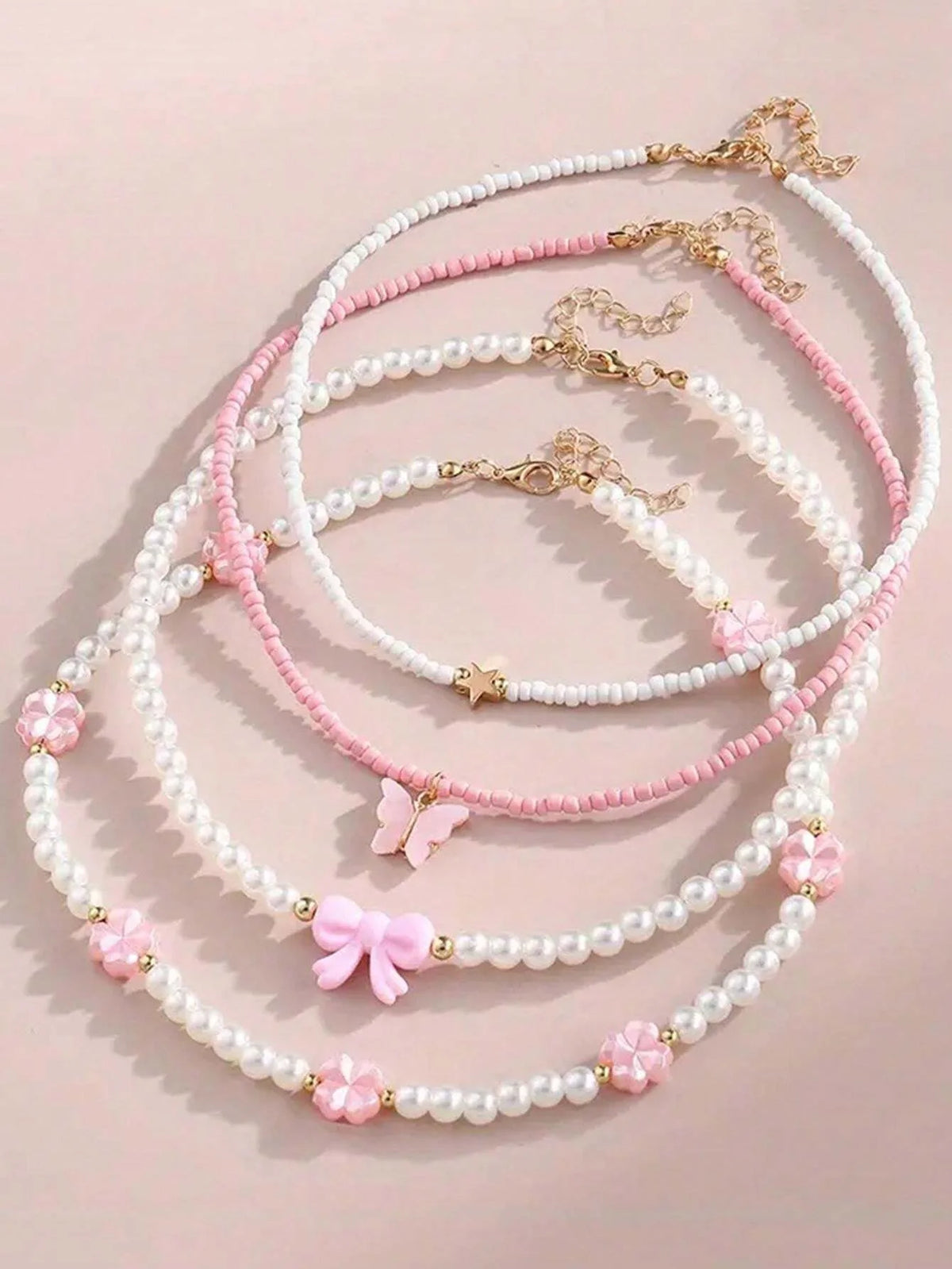 4 pezzi/set set di collane fatte a mano con farfalla, cuore, fiore, perle e perline, per bambini, adolescenti, amicizia, miglior regalo per gli amici