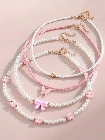 4 pezzi/set set di collane fatte a mano con farfalla, cuore, fiore, perle e perline, per bambini, adolescenti, amicizia, miglior regalo per gli amici
