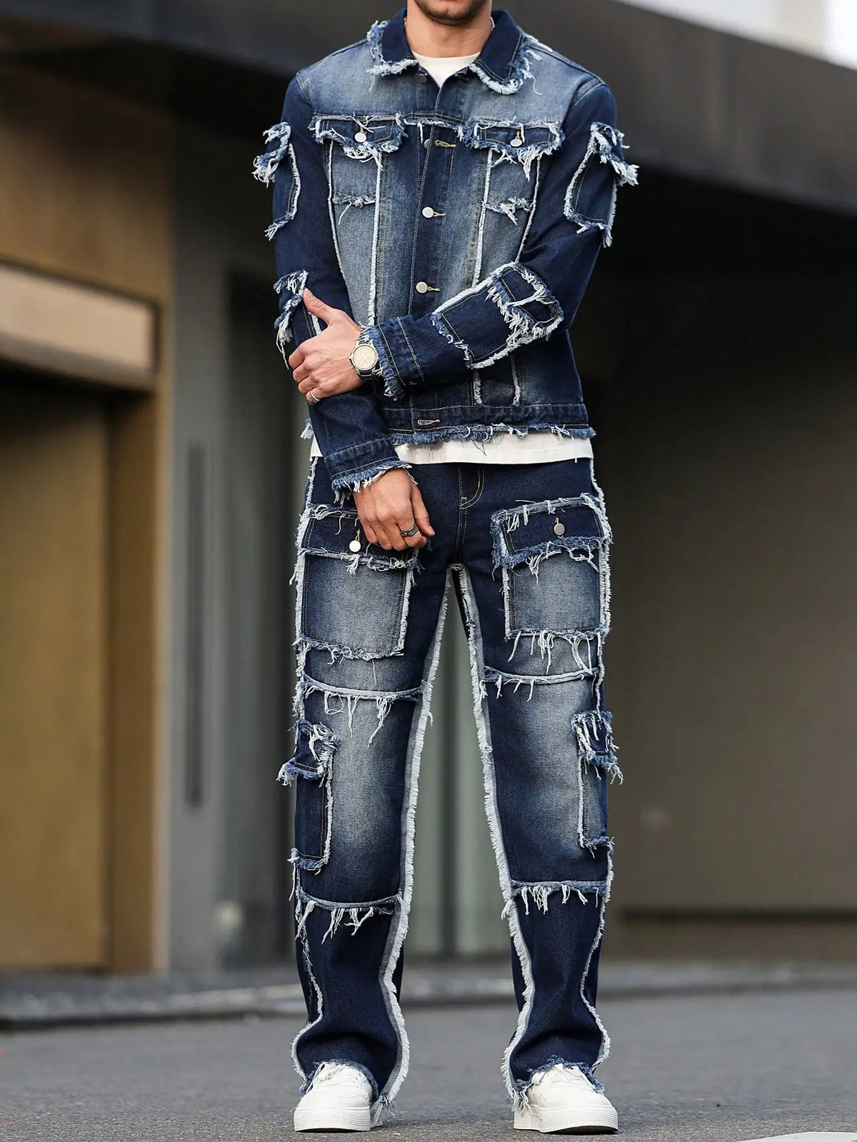 Abito in denim primaverile e autunnale da uomo, design multitasche, stile pantaloni larghi e dritti
