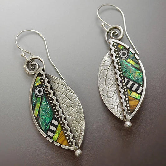 Orecchini a foglia verde bohémien per le donne Orecchini pendenti a goccia color argento vintage astratto etnico Oorbellen Pendientes O4D423