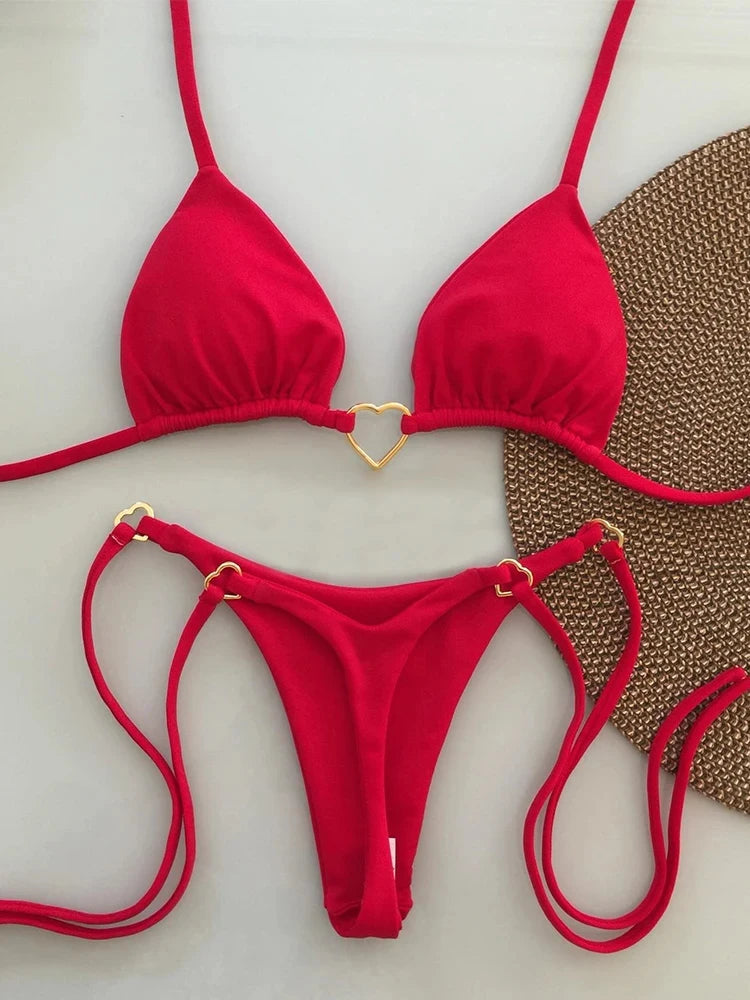 Sexy Low-Waist Bikini Set for Women Summer Solid Color Tie-Front Swimsuit with Padded Top for Beach Vacation