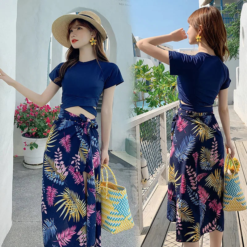 Damen Bikini Set Vintage Boho Print Neckholder Crop Top mit High Waist Shorts Wickel-Pareo Cover Up Strand Badeanzug Bademode