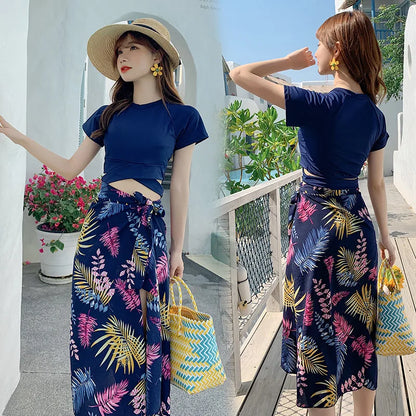 Damen Bikini Set Vintage Boho Print Neckholder Crop Top mit High Waist Shorts Wickel-Pareo Cover Up Strand Badeanzug Bademode