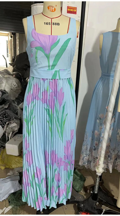 Abito lungo sexy con stampa floreale Donna Estate 2025 Abiti maxi con cinturino senza maniche alla moda eleganti