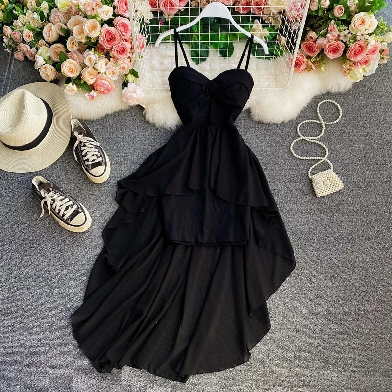Ins Fashion Slim abito da donna asimmetrico a vita alta 2021 nuova estate elegante bianco nero abito da festa abiti da donna