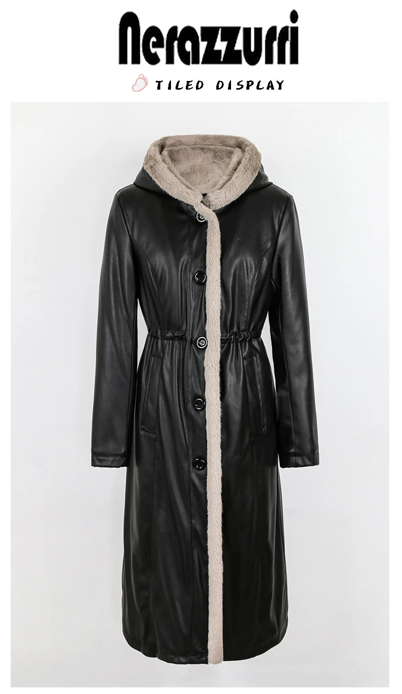 Nerazzurri Cappotto invernale lungo in morbida pelle nera spessa e calda con pelliccia sintetica all'interno con Parka con cappuccio Abiti firmati di lusso 2025