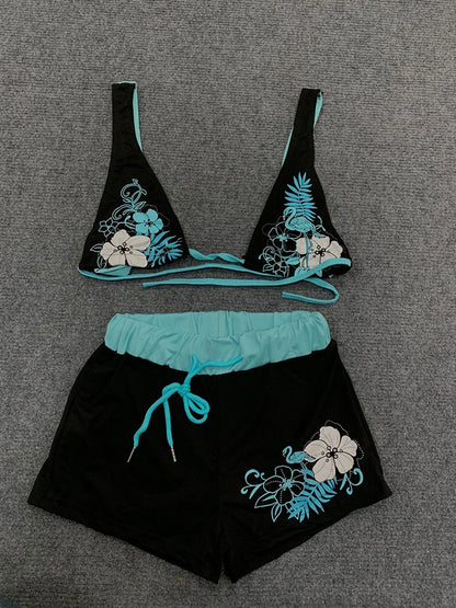 Summer Beach Ins Fashion Hot Sexy Ladies Split Two Piece Bikini Beautiful Vintage Contrast Flower Print Suspender Bra Shorts Set
