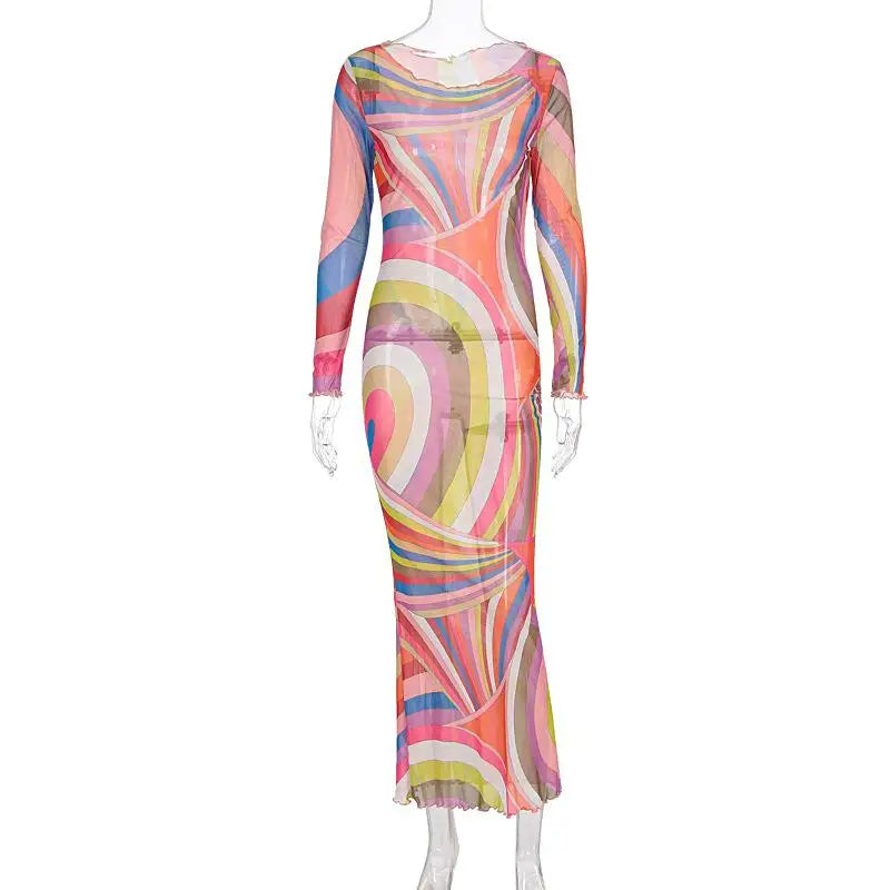 Abito lungo aderente aderente in rete trasparente da donna sexy Stampa chic senza maniche Slim Fit Abiti lunghi per le vacanze al mare Abito femminile quotidiano casual