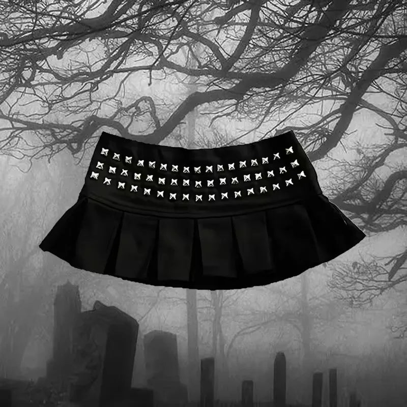 Harajuku Vintage Sexy Rivetto Gonne a pieghe Gonna Hottie Estate New Street Gothic Punk Colore puro E-girl Minigonna Abbigliamento donna