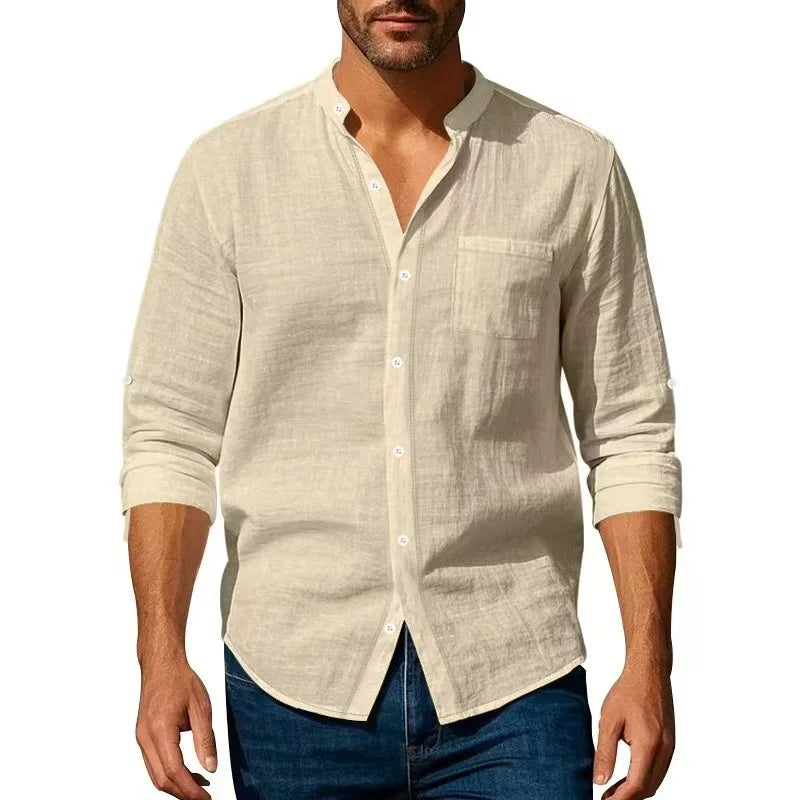Camicia in cotone e lino da uomo, collo Henley, tinta unita, leggera, traspirante, vestibilità slim, abbottonatura singola, maniche lunghe.