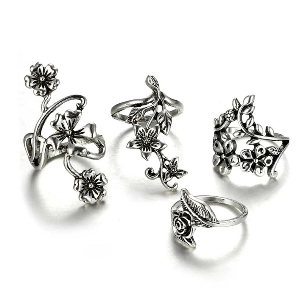 La moda di successo europea e americana; set di anelli da 4 pezzi con anello intagliato cavo in argento antico retrò individualizzato