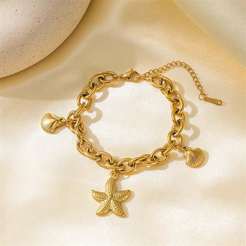 EILIECK Bracciale con ciondolo stella marina luna stella color oro in acciaio inossidabile 316L per le donne Nuovo regalo di gioielli con catena da polso alla moda
