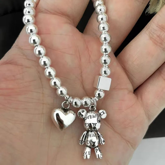 Bracelets en argent sterling 925 pour femmes, perles, accessoires tendance, pendentif ours mignon vintage simple, bijoux de fête
