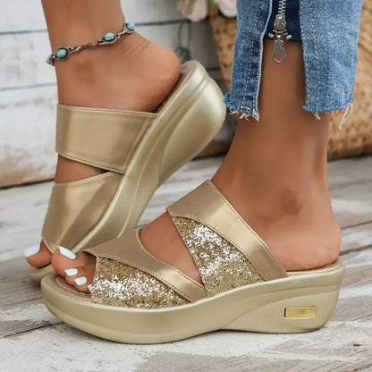 Pantofole con zeppa da donna piattaforma glitterata sandali comodi pantofole Casual con Sling Backs nuove scarpe estive per le donne diapositive da donna