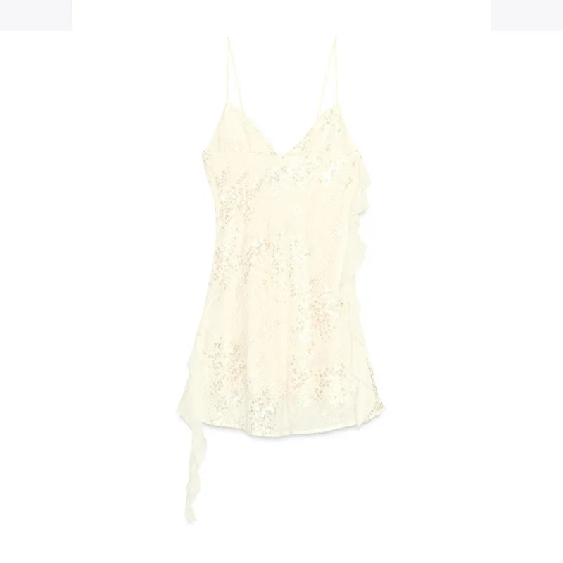 Sexy paillettes volant mini abito fionda donna solido scollo a V senza maniche backless abiti a trapezio 2025 estate signora chic abiti da festa