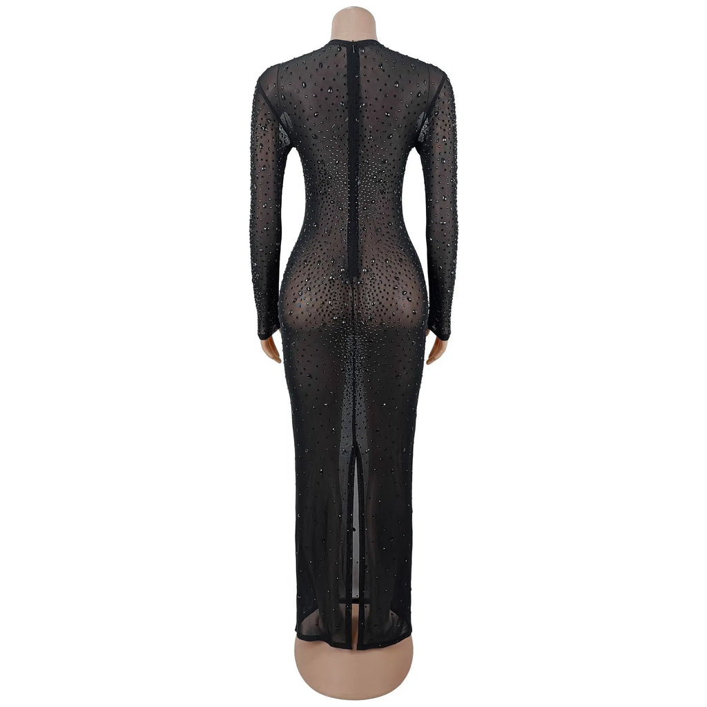 CM.YAYA Donne O-Collo Manica Lunga Maglia Diamanti Hot Strass Abito Lungo 2026 Compleanno Aderente Sirena Maxi Abiti Abiti