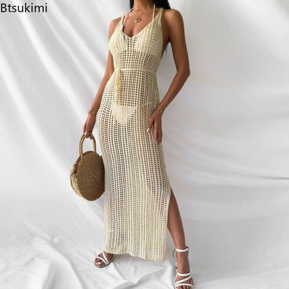 New Women's Sexy Knitted Midi Dresses Summer Elegant Beachwear Hollow Out Fishnet Bikini Cover-ups Vacation Long Dress for Girls
