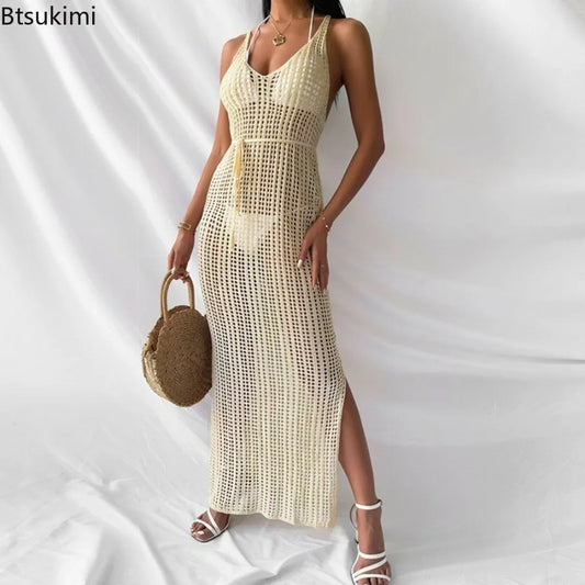 Nouvelles Robes Midi Sexy Tricotées pour Femmes Été Élégantes Tenues de Plage Évidées en Résille Couvre-maillots de Bain Robe Longue de Vacances pour Filles