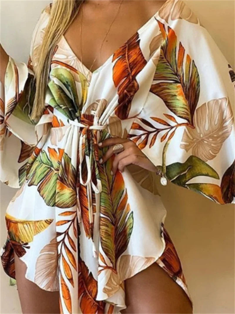 Abito da donna con stampa sexy scollo a V manica a pipistrello con volant fiori stampa Bohemian Beach vestito estivo da donna mini abiti larghi per le vacanze estive