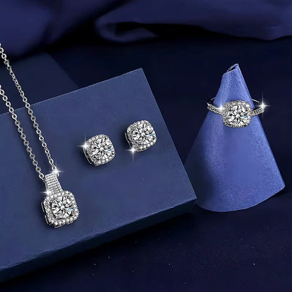 Ensemble 3 pièces de bijoux de luxe brillants géométriques carrés en zircon, collier, boucles d'oreilles et bagues pour femme, parure de bijoux tendance, cadeau d'anniversaire