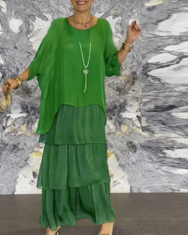 Abiti eleganti da donna in chiffon solido Primavera Autunno O-Collo Abito femminile con volant a strati Mezza manica Torta Abito lungo da vacanza al mare