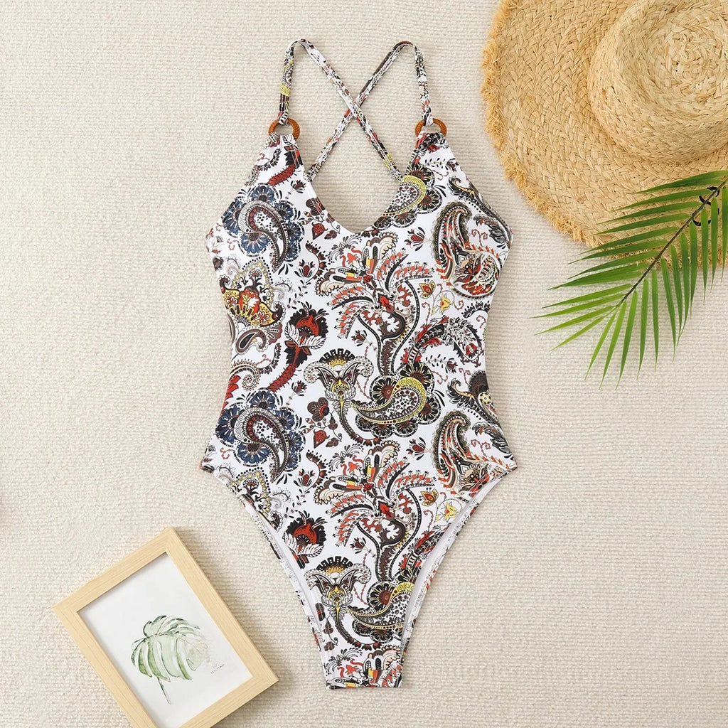 2025 New Sexy Printed Cross Slimming One-Piece Swimsuit Women's Bikini Swimwear Integrated Design for Active Lifestyle
