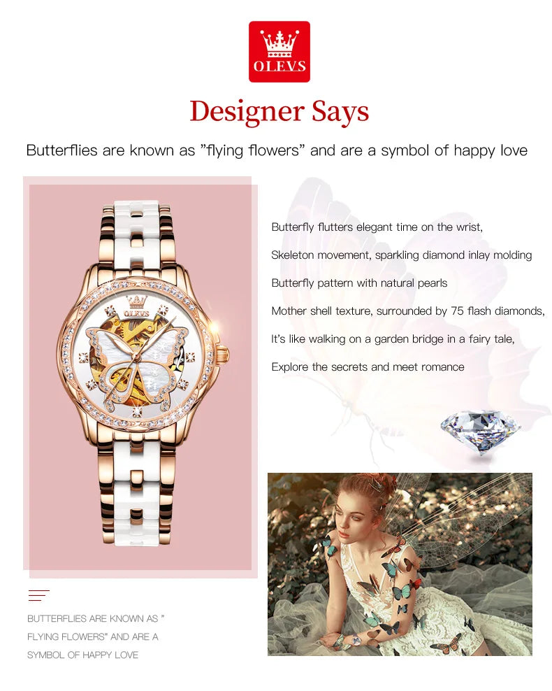 OLEVS 6622 Orologio da donna con quadrante a farfalla Orologio meccanico impermeabile di lusso per donna Orologio da polso automatico con cinturino in ceramica cava