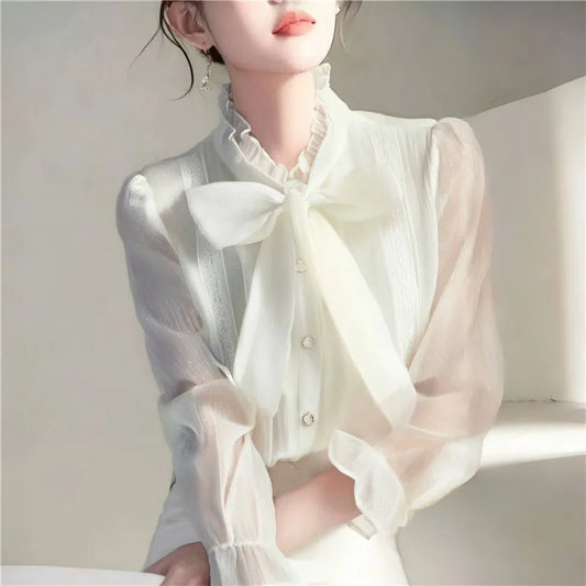 Camicie da donna in Chiffon estate 2023 camicette a maniche lunghe solide Y2k allentate con fiocco coreano nuovo Casual Blusa