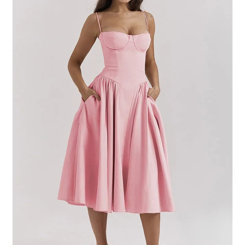 Elegante abito longuette con cinturino per spaghetti da donna Party Slim A Line Solid Bretelle Abiti da donna Nuova moda primavera estate Abiti sexy