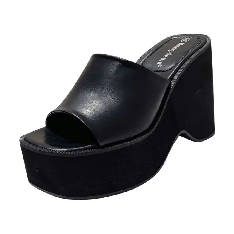 Pantoufles d'été pour femmes, sandales à plateforme tendance, pantoufles décontractées en cuir de luxe, pantoufles à talons hauts pour femmes, sandales à bout ouvert