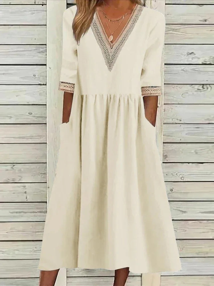 Abito Estivo da Donna 2026 Nuovo in Cotone e Lino a Mezza Manica con Scollo a V, Vestito Casual Chic Vintage con Inserti, Vestito Midi Ampio
